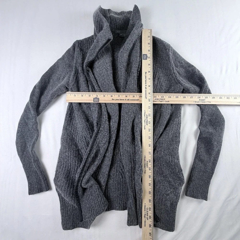 VINCE Cashmere Wool Blend Cardigan Leather Trim Open Front‎ XS Dark Gray Lux